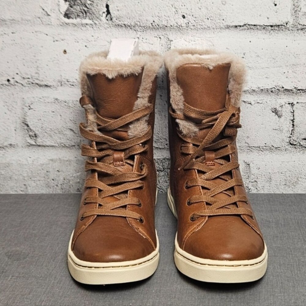 UGG Croft Luxe Quilt Leather Lace Up Shearling Boots Chestnut Brown Women 7.5 - Picture 4 of 12